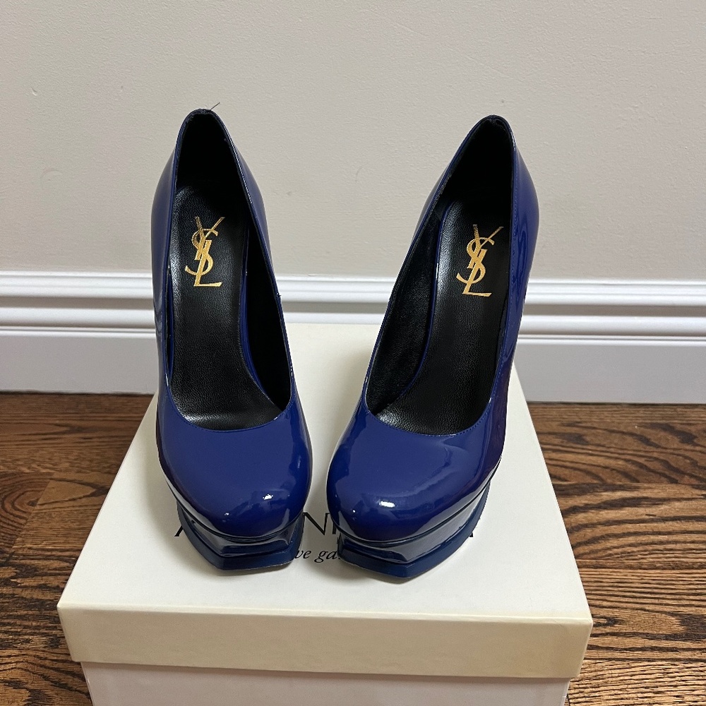 YSL Tribute Blue Patent Leather Pumps